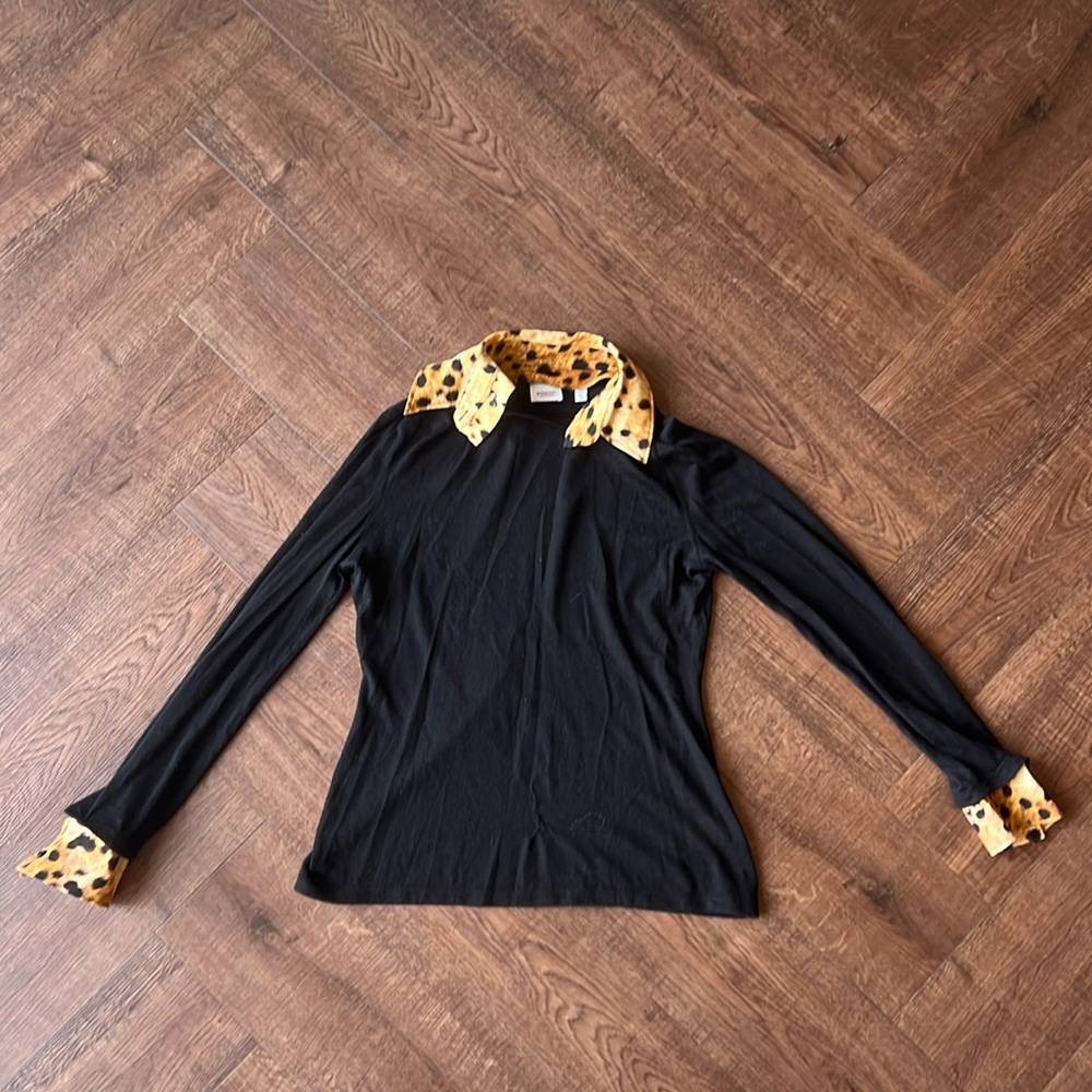 Burberry Cashmere + Silk Long Sleeve Top With Leopard Accents Black/Brown Sz XL